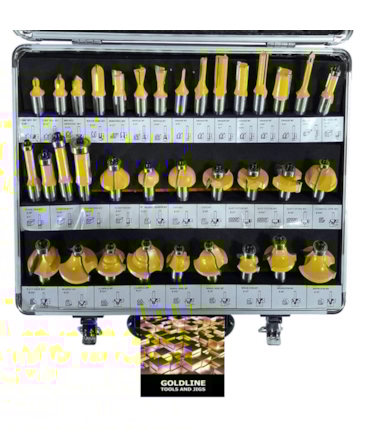 GOLDLINE - KIT COM 35 FRESAS PARA MADEIRA - EM METAL DURO - 1/4 E BUCHAS DE METAL GOLDLINE - KIT COM 35 FRESAS PARA MADEIRA - EM METAL DURO - 1/4 E BUCHAS DE METAL