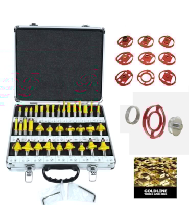 GOLDLINE - KIT COM 35 FRESAS PARA MADEIRA - EM METAL DURO - 1/4 E BUCHAS DE METAL GOLDLINE - KIT COM 35 FRESAS PARA MADEIRA - EM METAL DURO - 1/4 E BUCHAS DE METAL