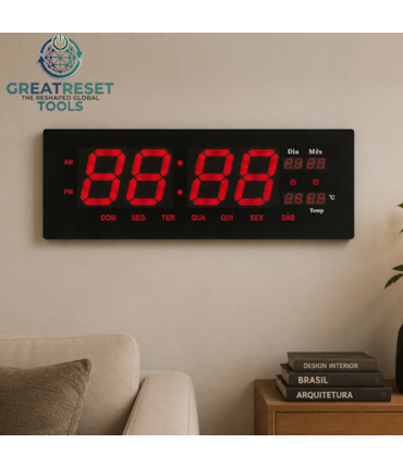 GRT - RELÓGIO DIGITAL GRANDE PARA PAREDE COM DATA, TEMPERATURA E CALENDÁRIO