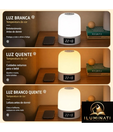 ILUMINATI - LUMINÁRIA DE MESA COM LED, RELÓGIO DIGITAL E CONTROLE REMOTO