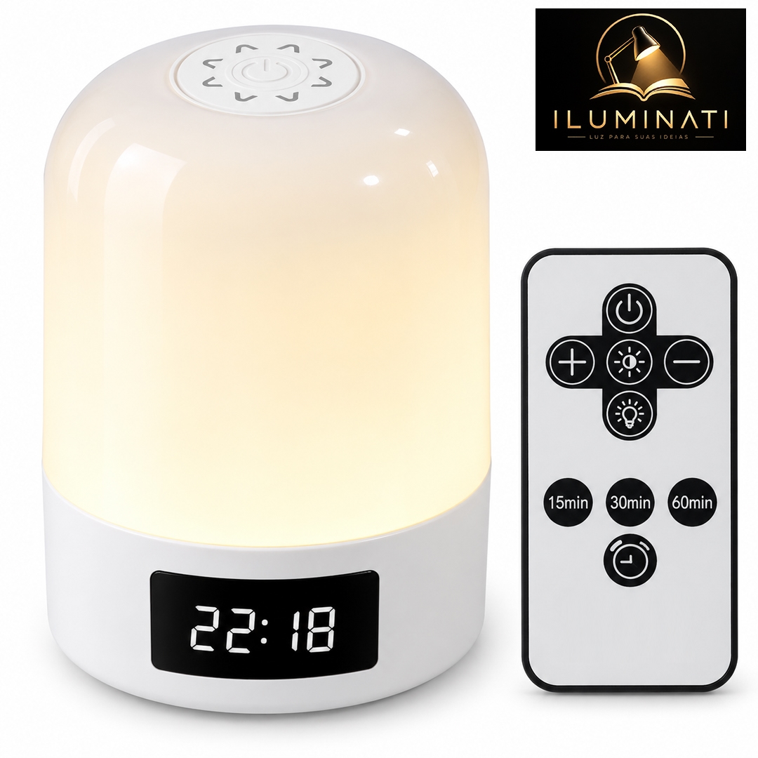 ILUMINATI - LUMINÁRIA DE MESA COM LED, RELÓGIO DIGITAL E CONTROLE REMOTO
