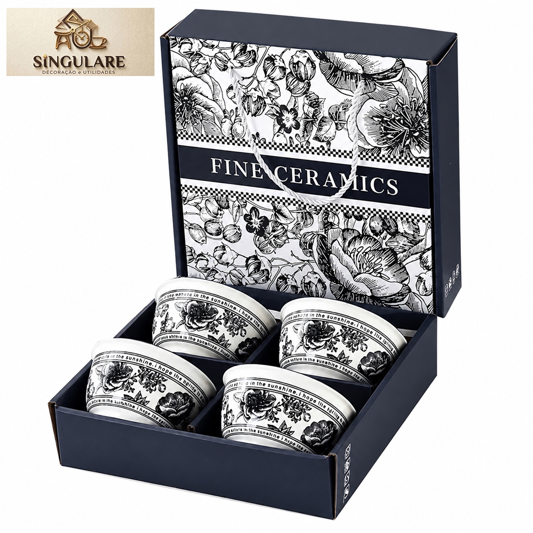 SINGULARE - CONJUNTO DE 4 TIGELAS ESTILO ORIENTAL BOÊMIO - FINE CERAMICS BLACK