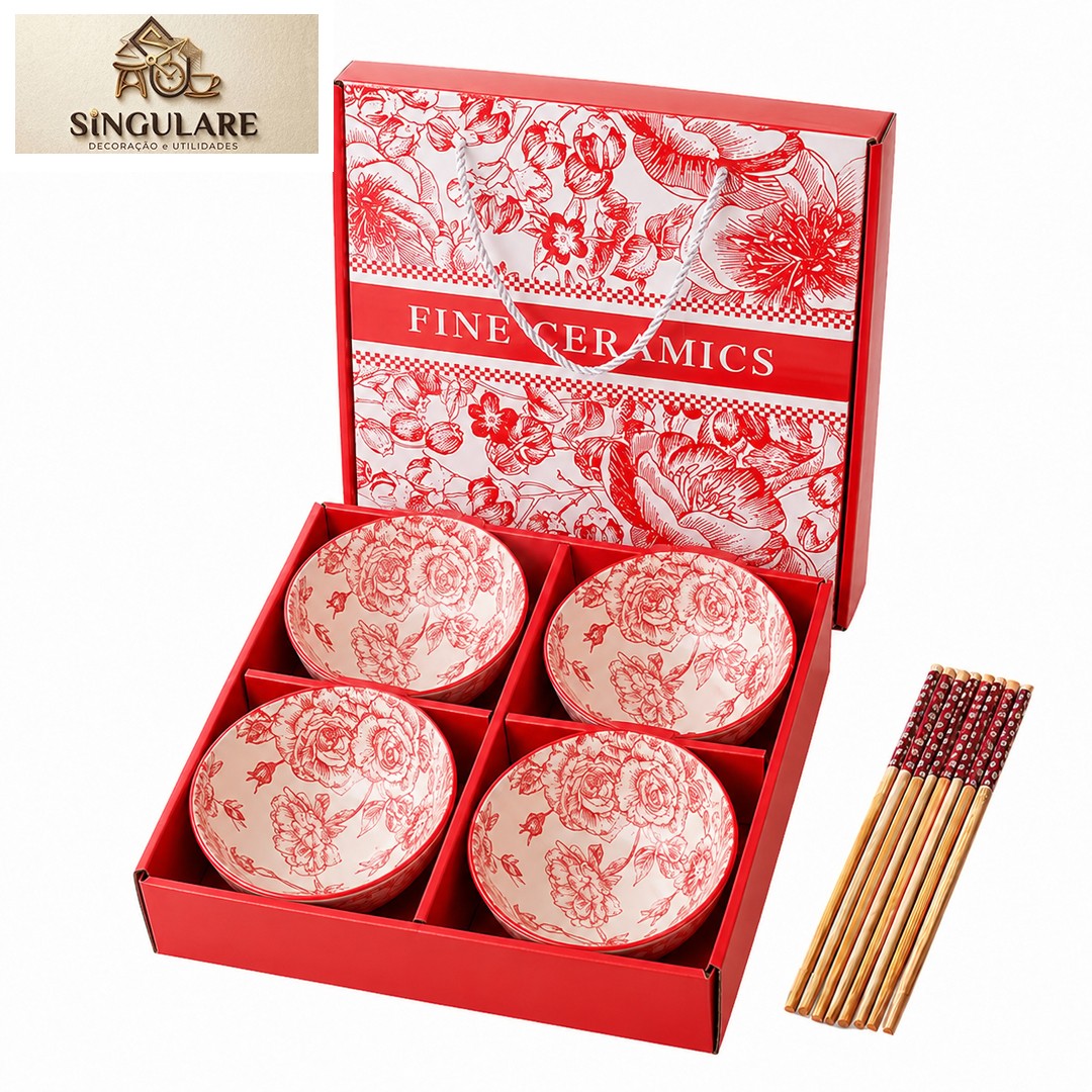 SINGULARE - CONJUNTO DE 4 TIGELAS ESTILO ORIENTAL BOÊMIO - FINE CERAMICS RED