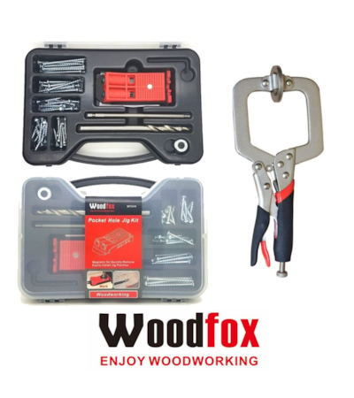 WOODFOX - COMBO POCKET JIG DUPLO - GABARITO PARA FURAÇÃO COM GRAMPO DE 3 POLEG. E PONTEIRAS DIVERSAS